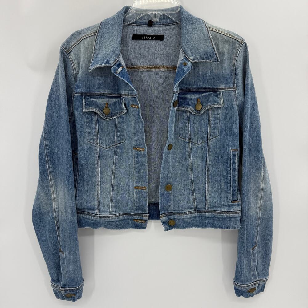J BRAND Denim Trucker Jacket Size L Short Length Button Distressed Grunge Blue